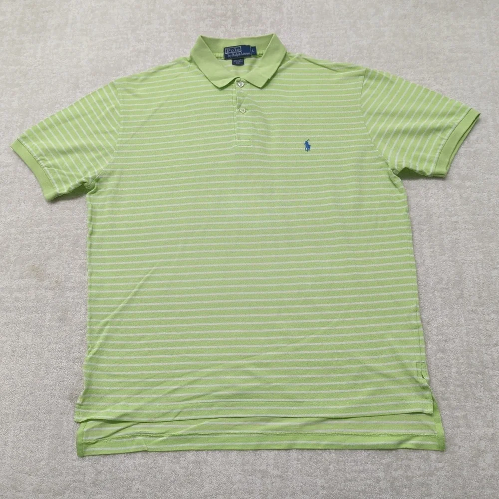 Polo Ralph Lauren Polo Shirt‎ Mens L Lime Green White Striped Pima Cotton Pony